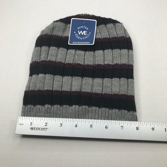 Winter Essentials Men's One Size Gray/Black/Burgundy Stripes Knit Beanie New - Picture 6 of 7